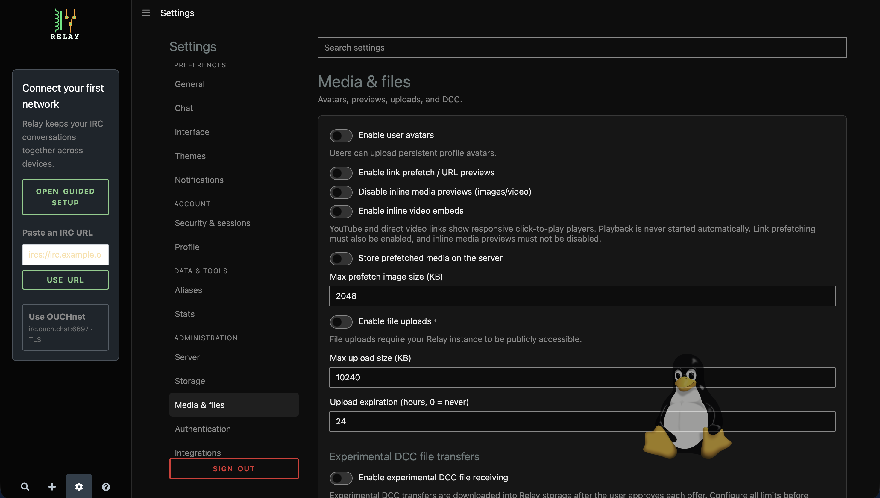Relay Media & files settings showing avatar, link preview, upload, and DCC controls.