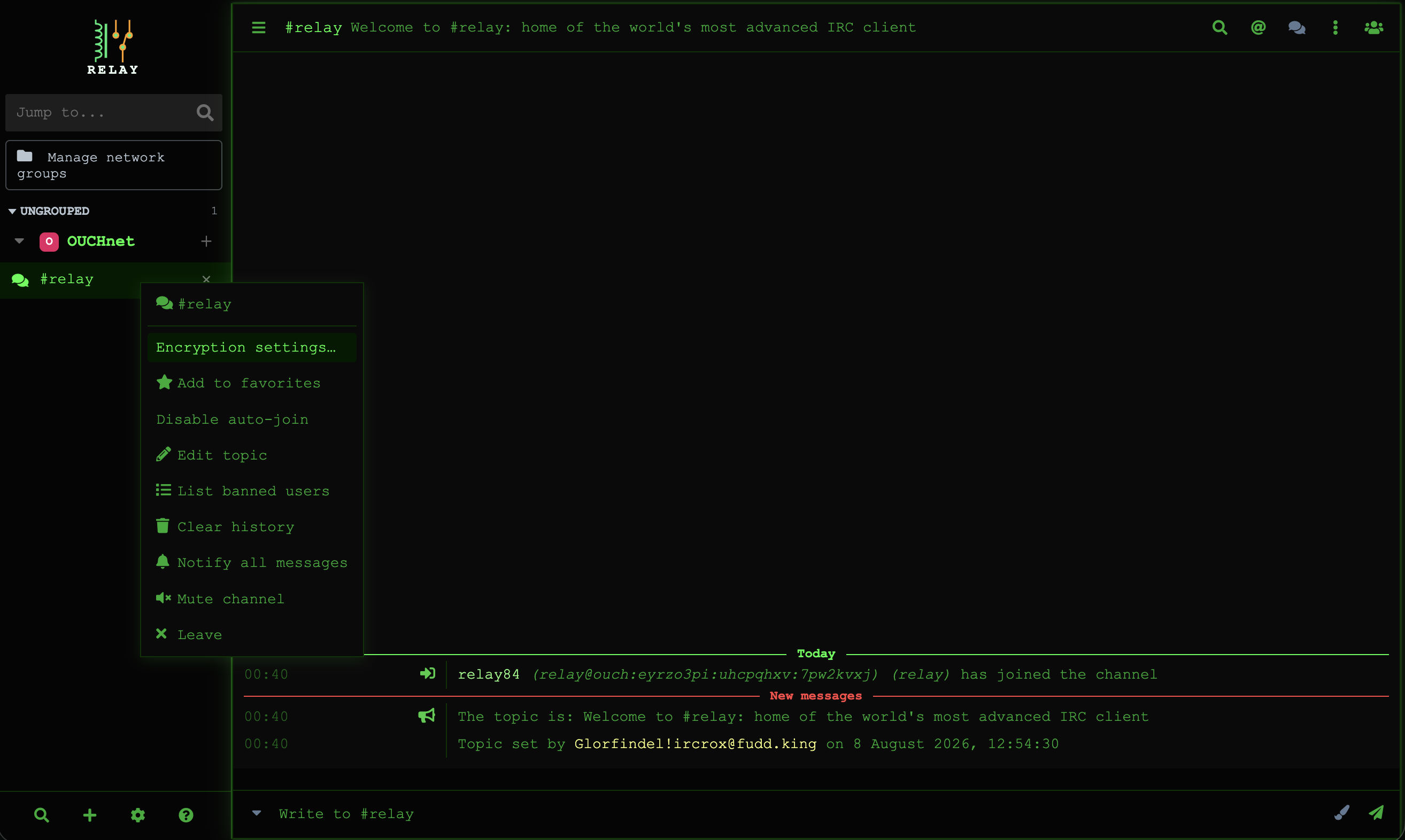 Relay channel context menu with Encryption settings highlighted above channel management actions.